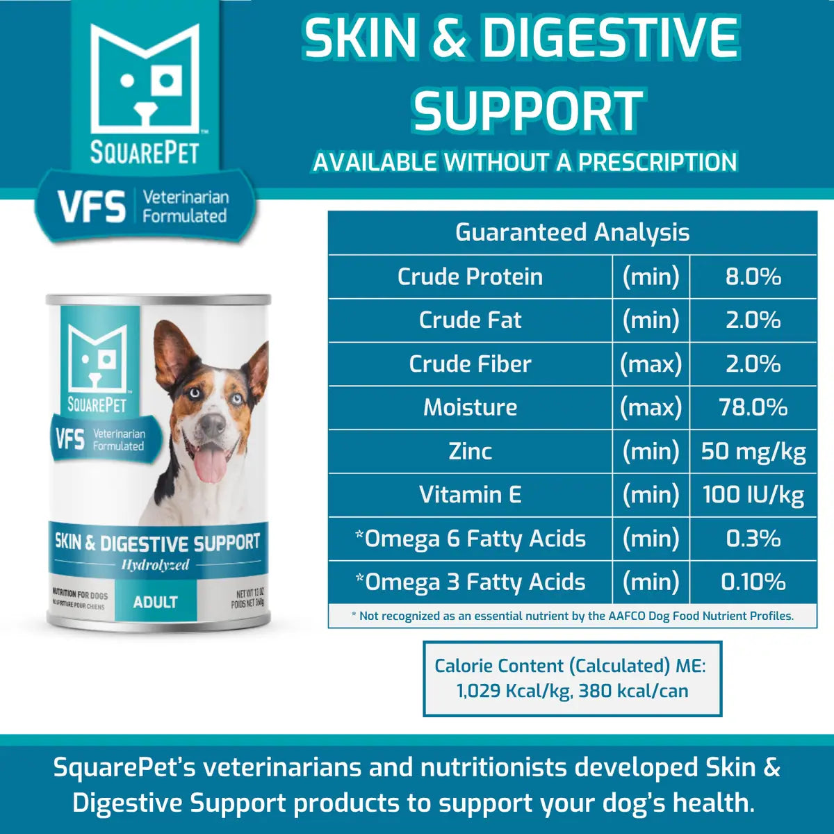 Back label of SquarePet VFS Skin & Digestive Support wet dog food with guaranteed analysis, ingredients, and nutritional info