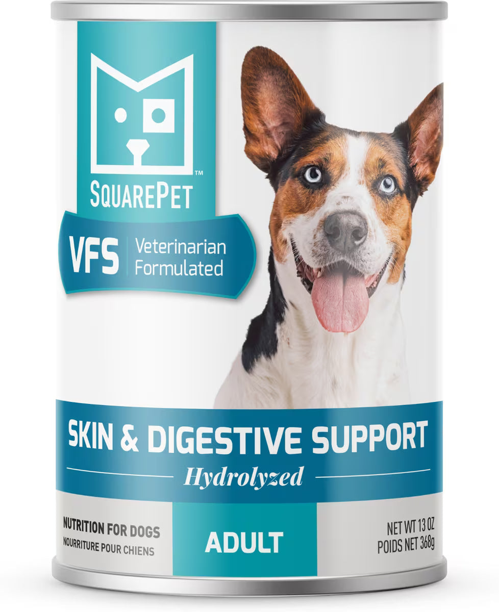 Canned SquarePet VFS Canine Hydrolyzed Skin & Digestive Support Wet Dog Food for adult dogs, featuring hydrolyzed pork, 12 oz