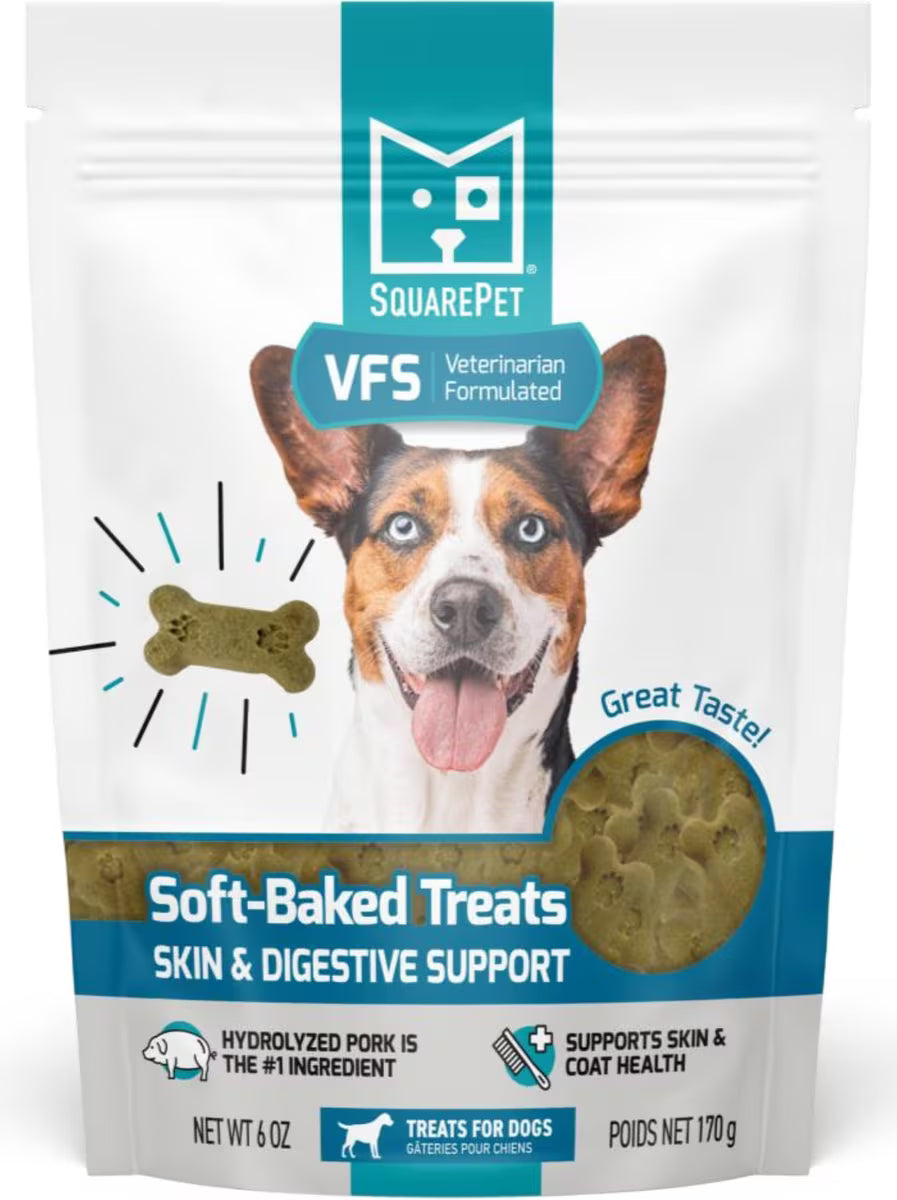SquarePet VFS Canine Hydrolyzed Skin & Digestive Support Dog Treats in 6oz bag with a smiling dog, vet-formulated, gluten-free, for sensitive skin