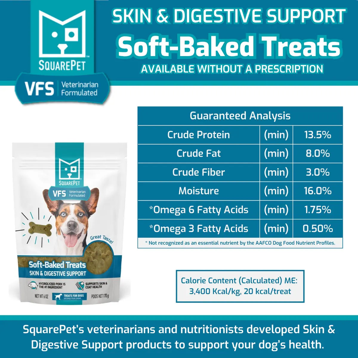 SquarePet dog treat package displaying a variety of dog food products, emphasizing vet-developed, high-quality ingredients for dog health