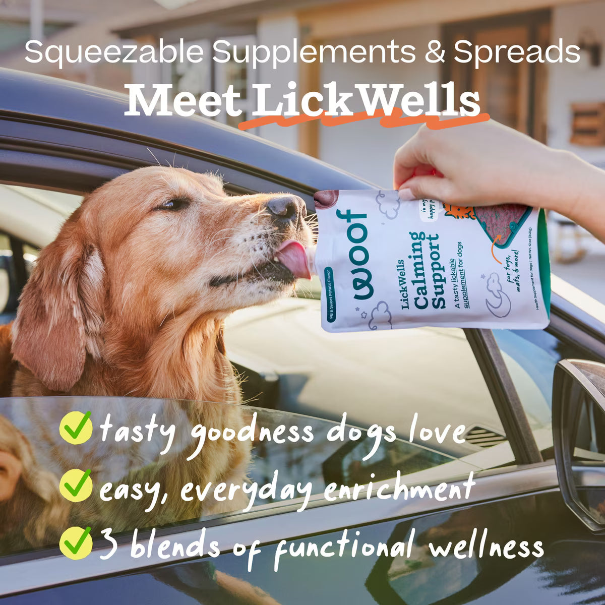 Woof LickWells Calming Peanut Butter Spread Lickable Dog Supplement