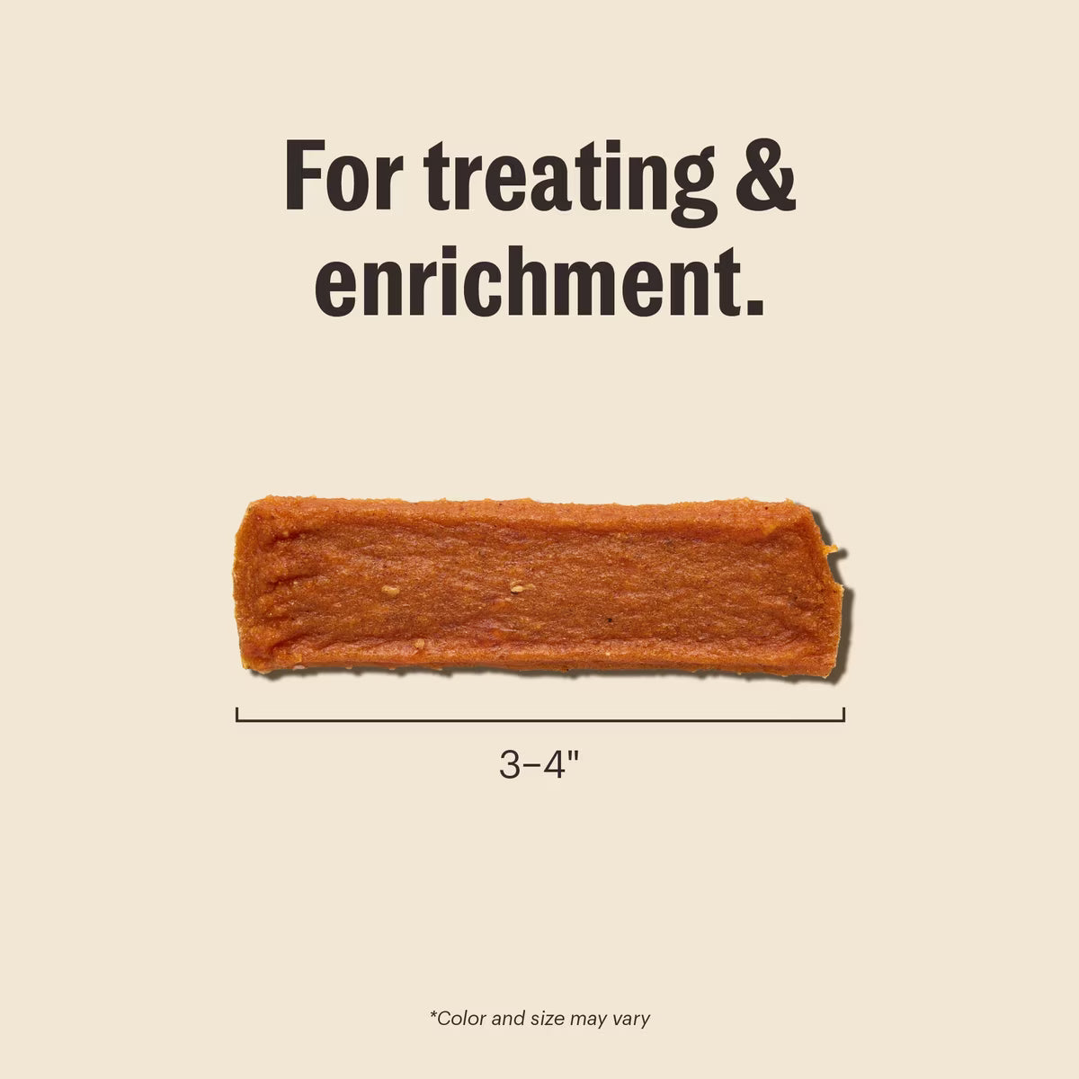 A rectangular chicken jerky dog treat measuring 3-4 inches long, labeled for treating & enrichment.