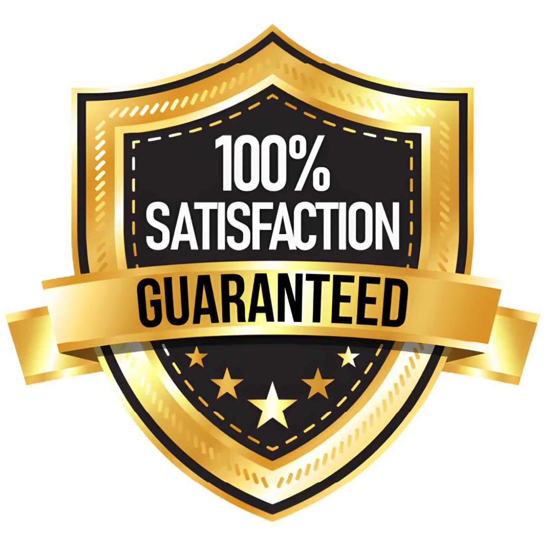 Gold and black shield badge with 100% satisfaction guaranteed text for pet supplies assurance