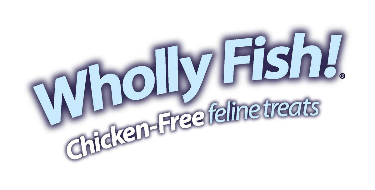 Logo for Emerald Pet Wholly Fish! chicken-free feline treats in blue and white text.