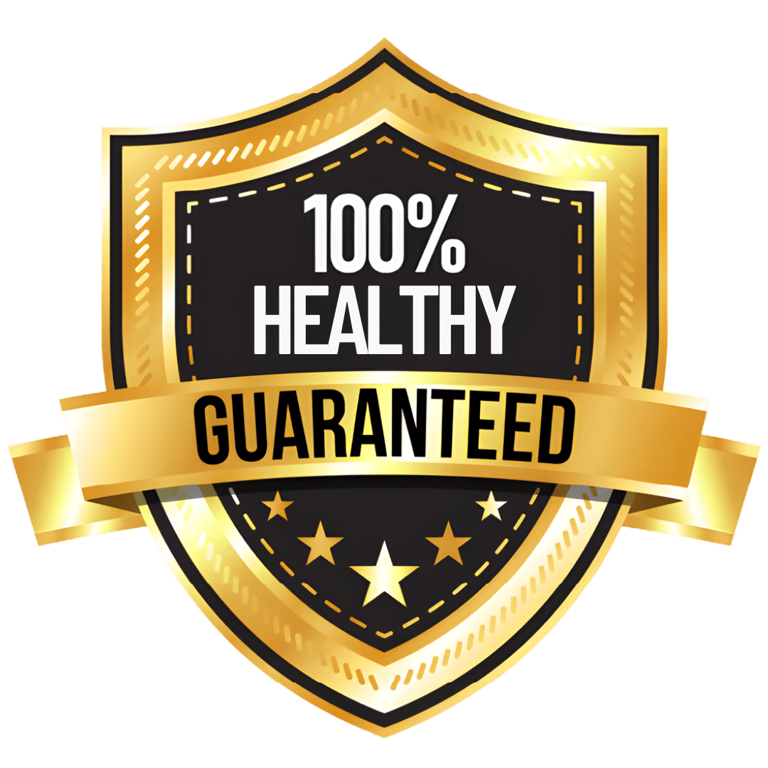 Gold and black shield badge reading 100% healthy guaranteed with stars, pet product quality symbol
