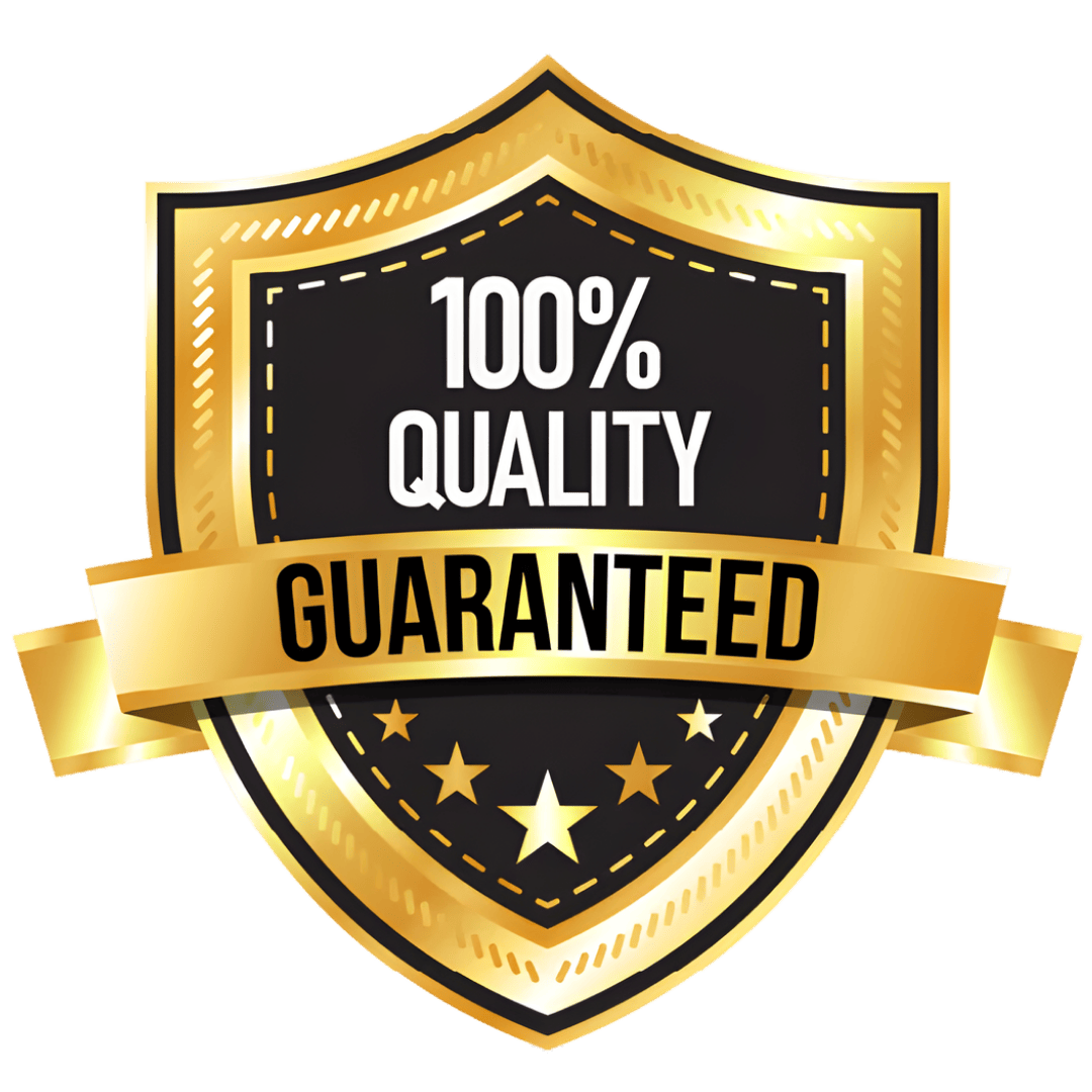 Gold badge with 100 percent quality guaranteed text, stars, and shield graphic