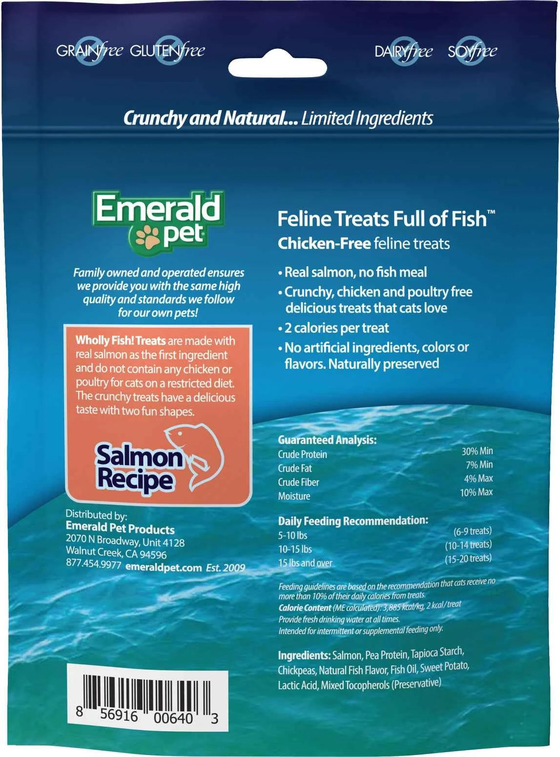 Back of a bag of Emerald Pet Wholly Fish! Salmon Recipe cat treats showing ingredients and nutrition.