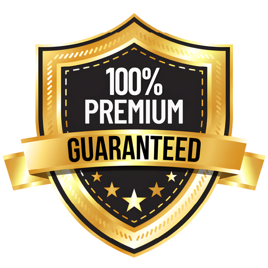Gold and black badge with 100% premium guaranteed text and stars, quality assurance symbol
