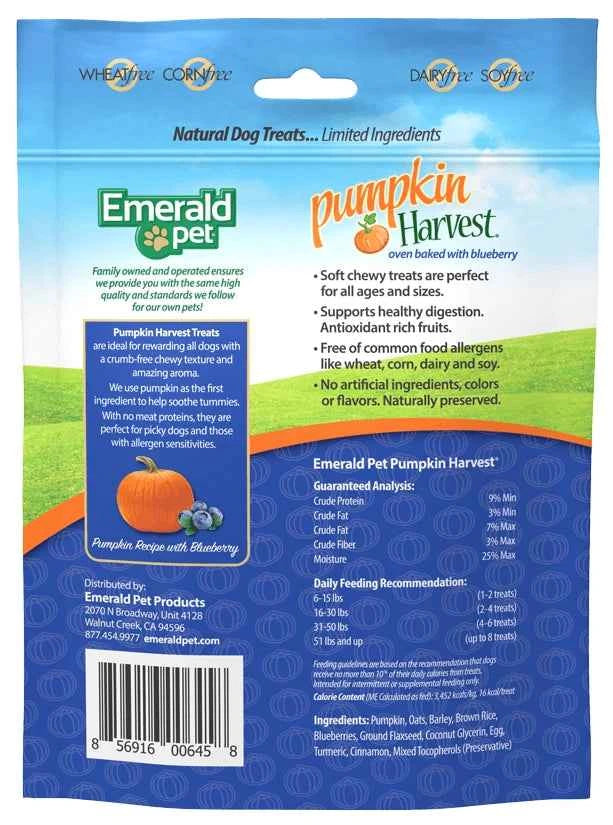 Back of a bag of Emerald Pet Pumpkin Harvest oven baked dog treats with ingredients and feeding guide.