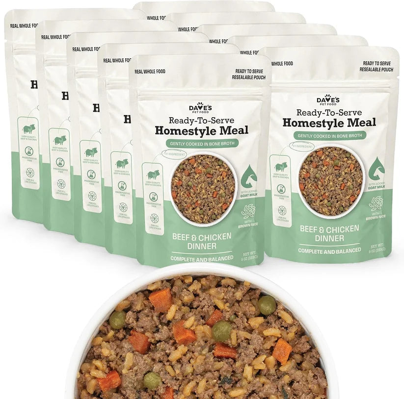 Dave's Homestyle Meal Beef & Chicken with Brown Rice, Goat Milk Gently Cooked Dog Food 10 Pack - 9 oz Pouches