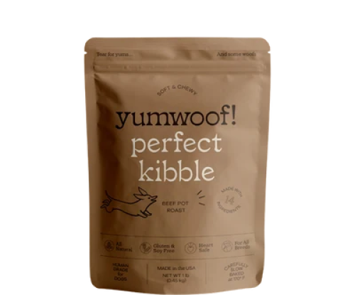 Yumwoof Gut Health Beef Pot Roast Dog Food in a tan resealable pouch, labeled soft and chewy air-dried kibble.