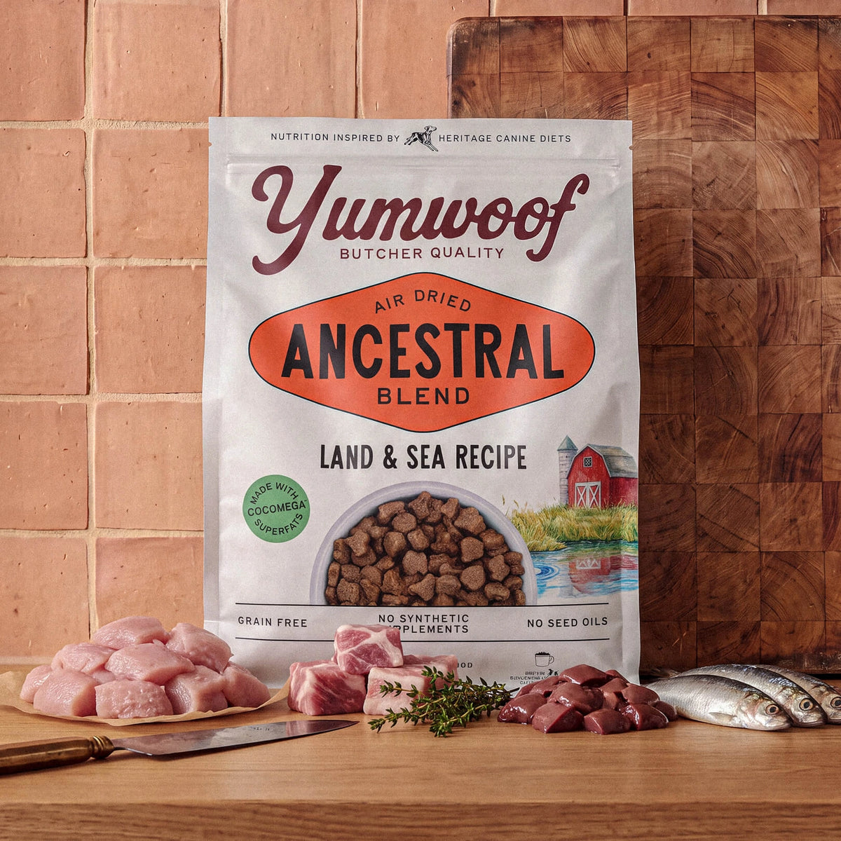 YumWoof Ancestral Blend Land & Sea air-dried dog food pouch beside fresh meat, fish, and herbs on a wooden counter.