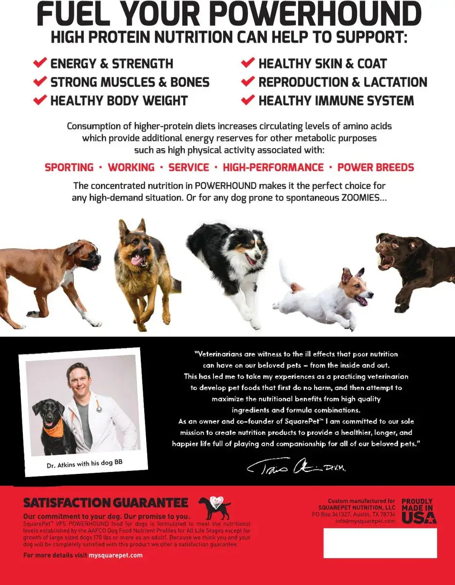 Back of SquarePet VFS PowerHound dog food bag with dog images, nutritional benefits, and veterinarian endorsement, 22 lb size
