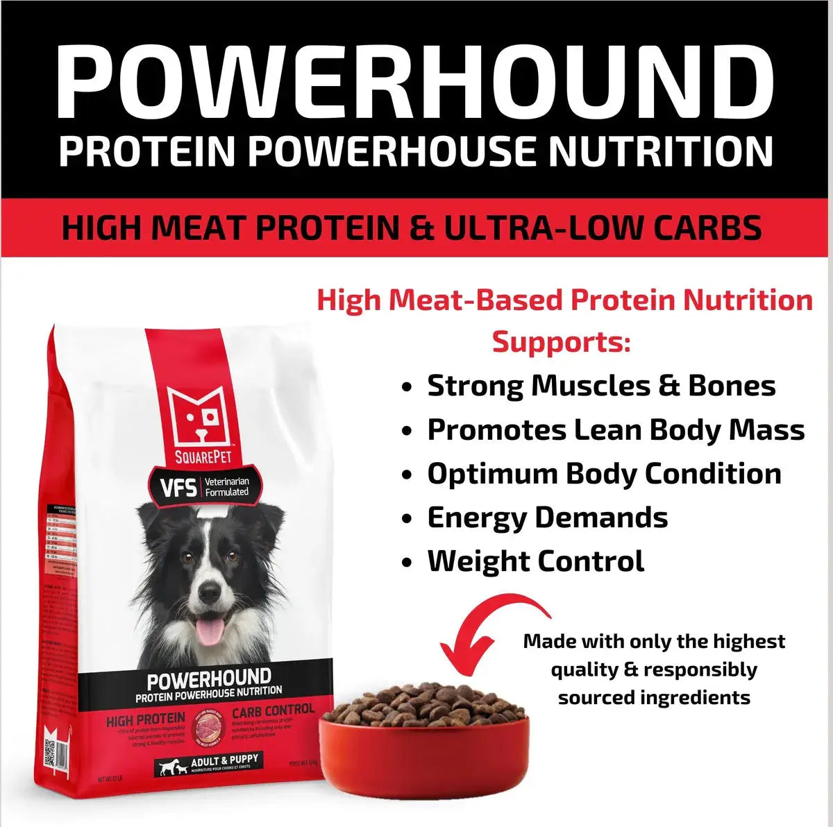 Red and white bag of SquarePet VFS PowerHound high protein dry dog food with a black and white border collie image, bowl of kibble, and nutritional benefits listed