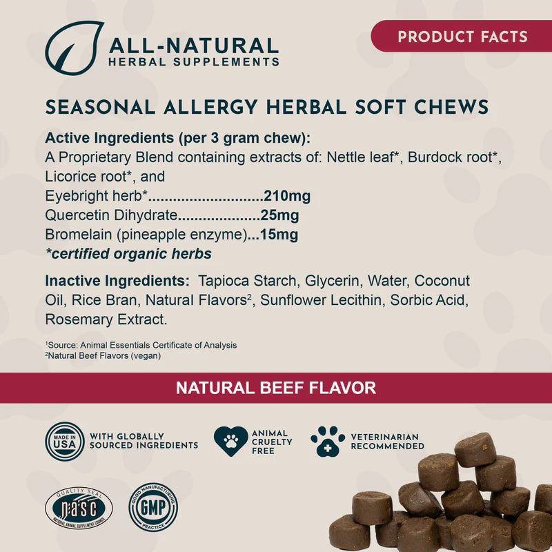 Product facts for Seasonal Allergy Herbal Soft Chews showing active ingredients and beef flavor.