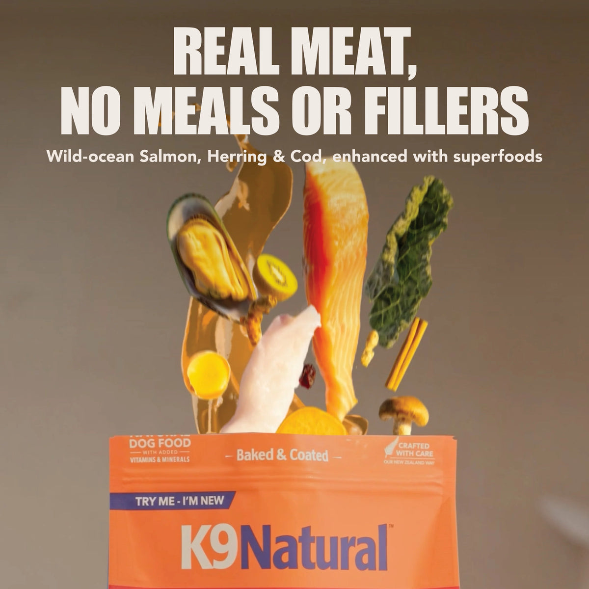 K9 Natural Baked & Coated Ocean Fish dog food bag with salmon, mussels, and superfood ingredients.
