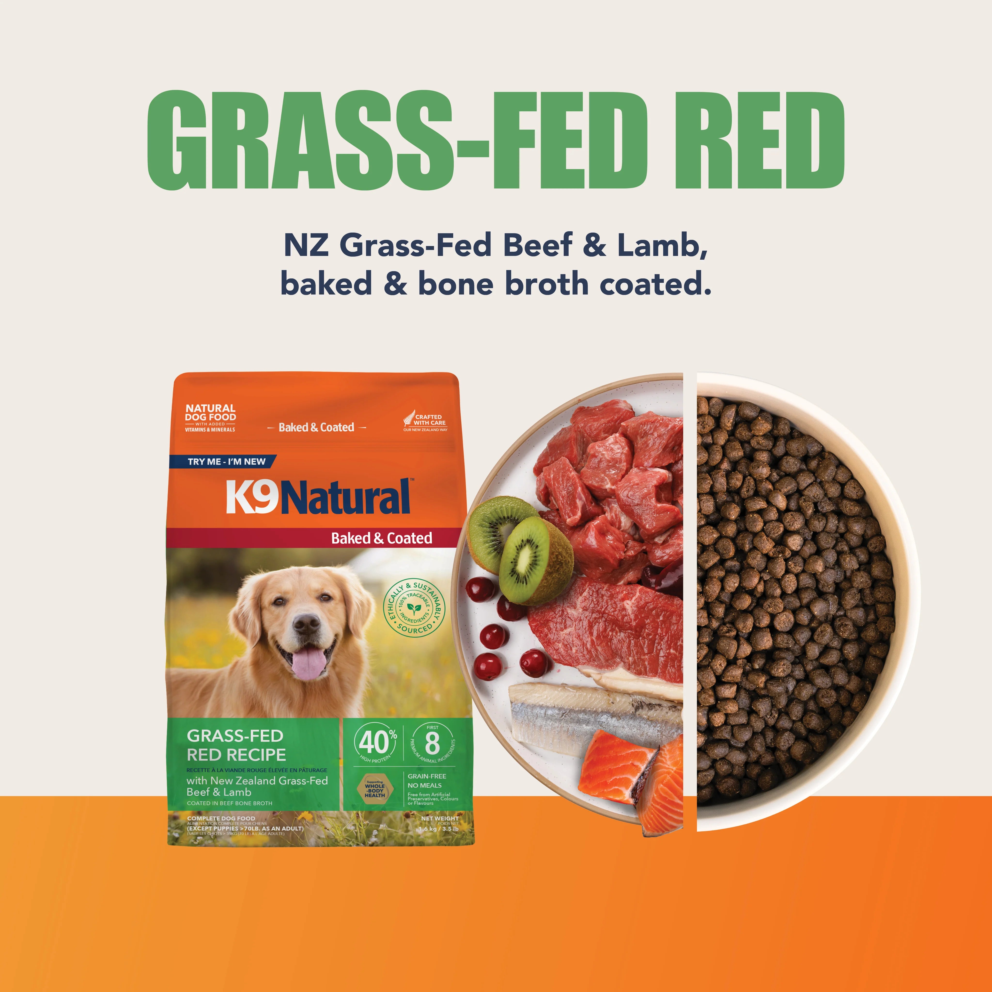 K9 Natural Grass-Fed Red Recipe dog food bag next to a bowl of kibble and fresh raw ingredients.