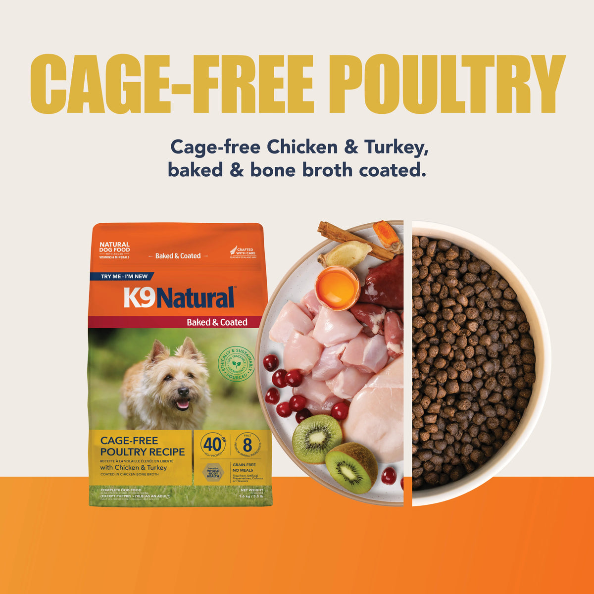 K9 Natural Baked & Coated Cage-Free Poultry dog food bag next to a bowl of kibble and raw ingredients