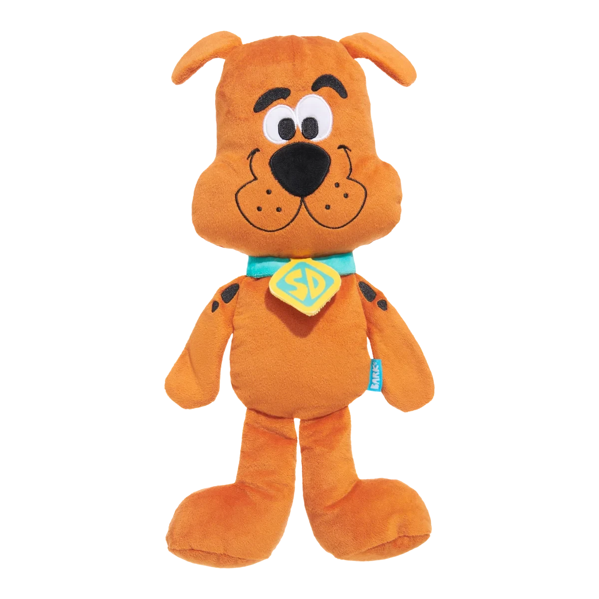XL Scooby-Doo plush dog toy in orange with blue collar and yellow "SD" tag.