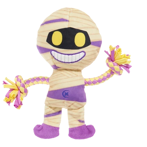 BARK Halloween King Tug plush toy, a mummy with purple accents and rope arms.