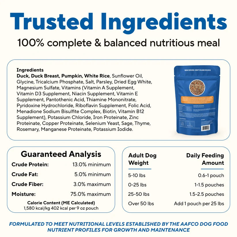Dave's Bland Diet Duck & Pumpkin Gently Cooked Dog Food 10 Pack - 9 oz Pouches