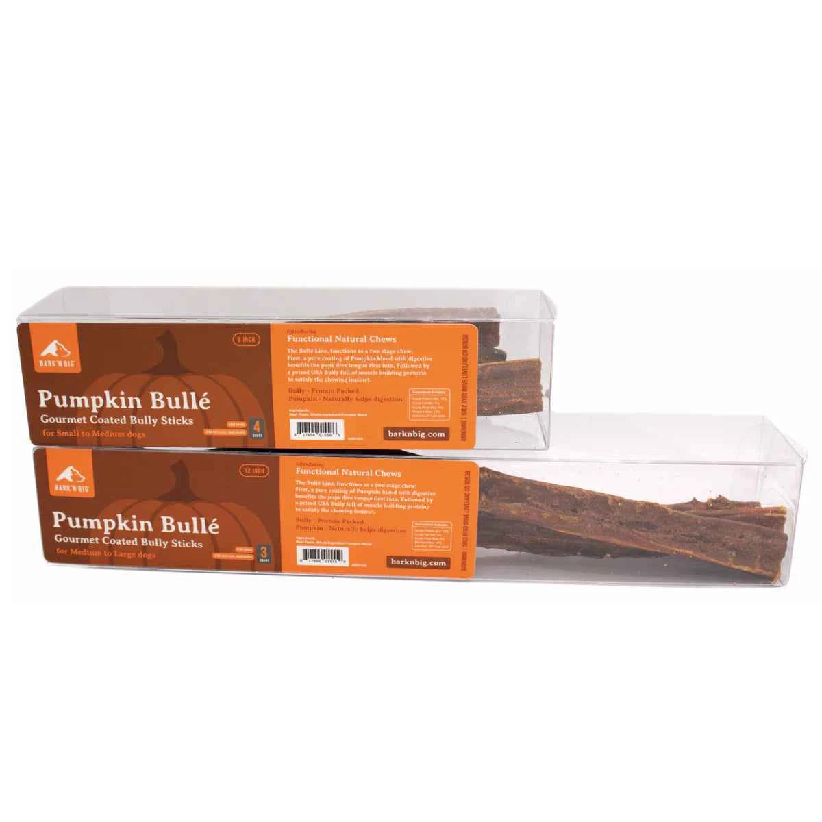 Two clear plastic boxes of BarknBig Bullé Pumpkin Bully Sticks in 6-inch and 12-inch sizes.