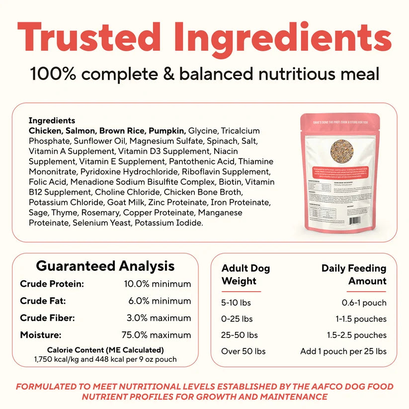 Dave's Homestyle Meal Chicken & Salmon with Brown Rice, Goat Milk Gently Cooked Dog Food 10 Pack - 9 oz Pouches