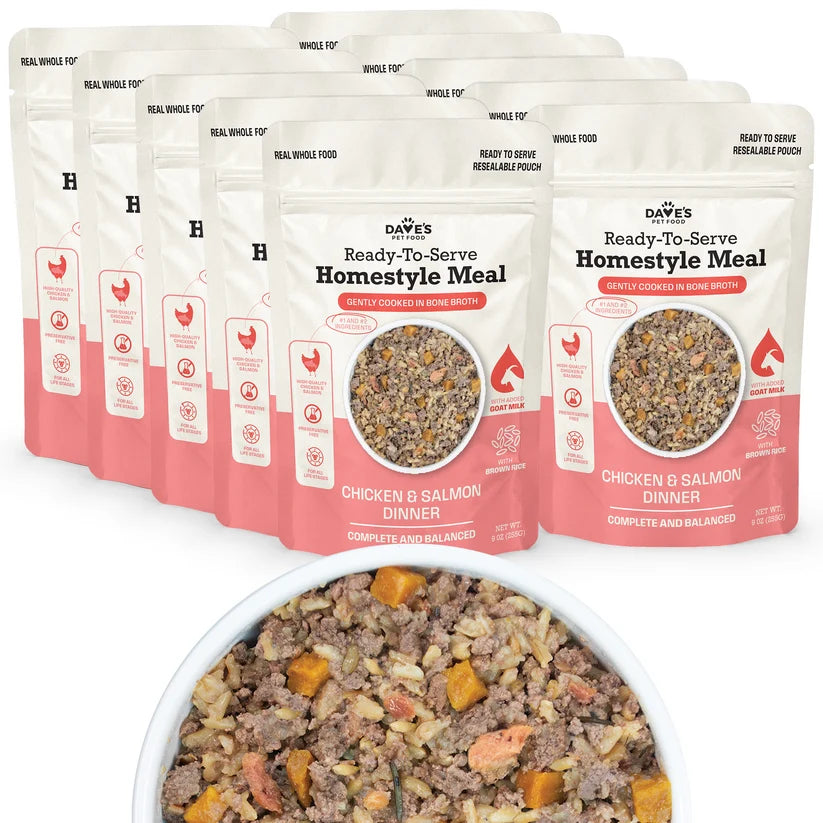 Dave's Homestyle Meal Chicken & Salmon with Brown Rice, Goat Milk Gently Cooked Dog Food 10 Pack - 9 oz Pouches