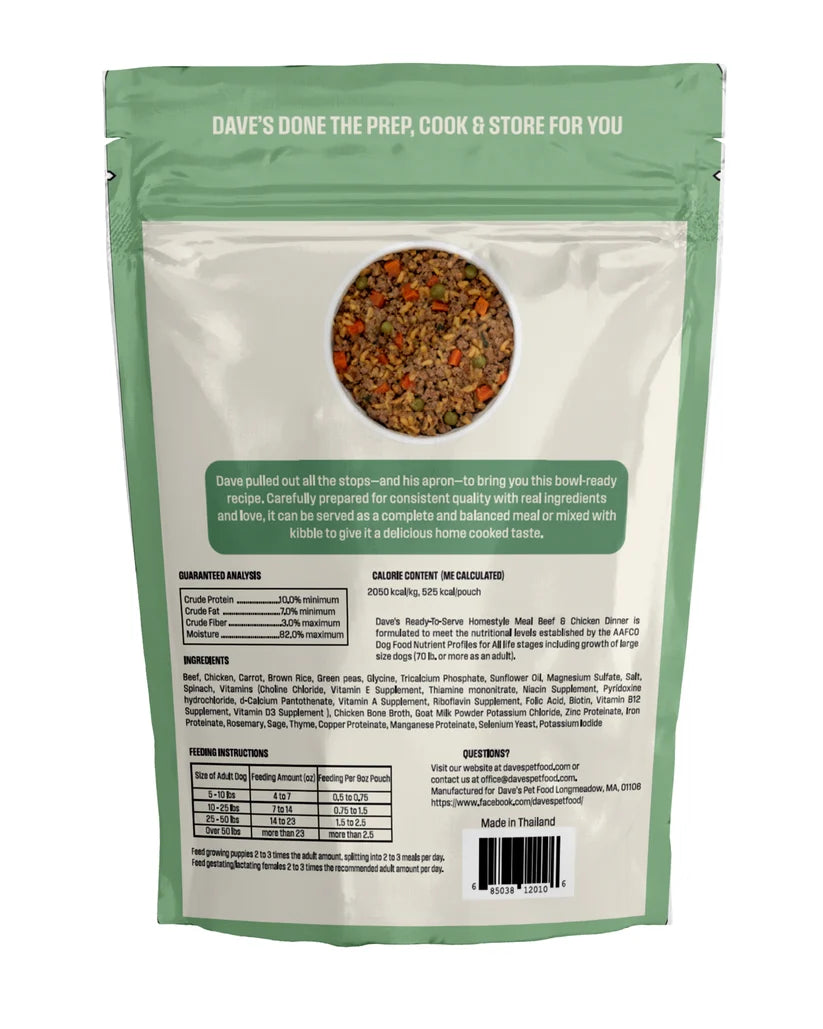 Dave's Homestyle Meal Beef & Chicken with Brown Rice, Goat Milk Gently Cooked Dog Food 10 Pack - 9 oz Pouches