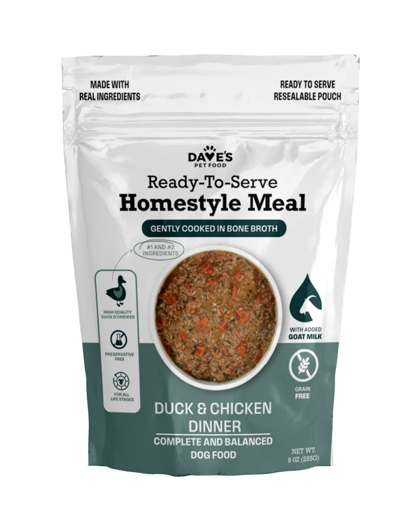 Dave's Homestyle Meal Grain-Free Goat Milk, Duck & Chicken Dinner Gently Cooked Dog Food 10 Pack - 9 oz Pouches
