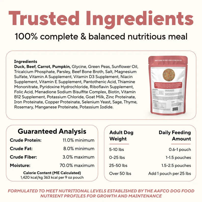 Dave's Homestyle Meal Grain-Free Goat Milk, Duck & Beef Dinner Gently Cooked Dog Food 10 Pack - 9 oz Pouches