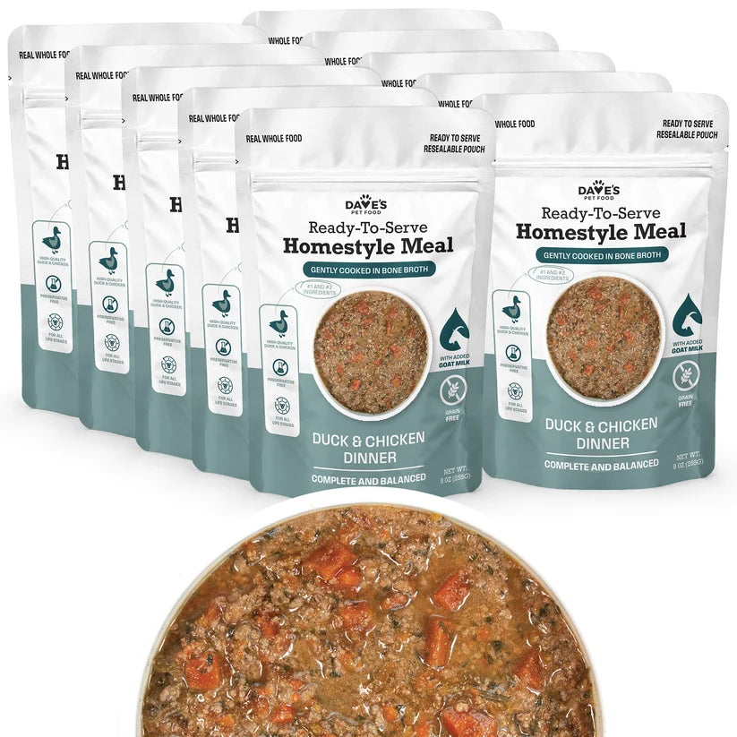 Dave's Homestyle Meal Grain-Free Goat Milk, Duck & Chicken Dinner Gently Cooked Dog Food 10 Pack - 9 oz Pouches