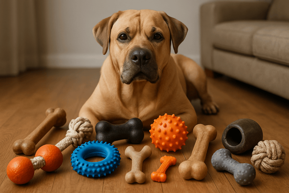 Large dog with durable chew toys for power chewers on a wooden floor indoors