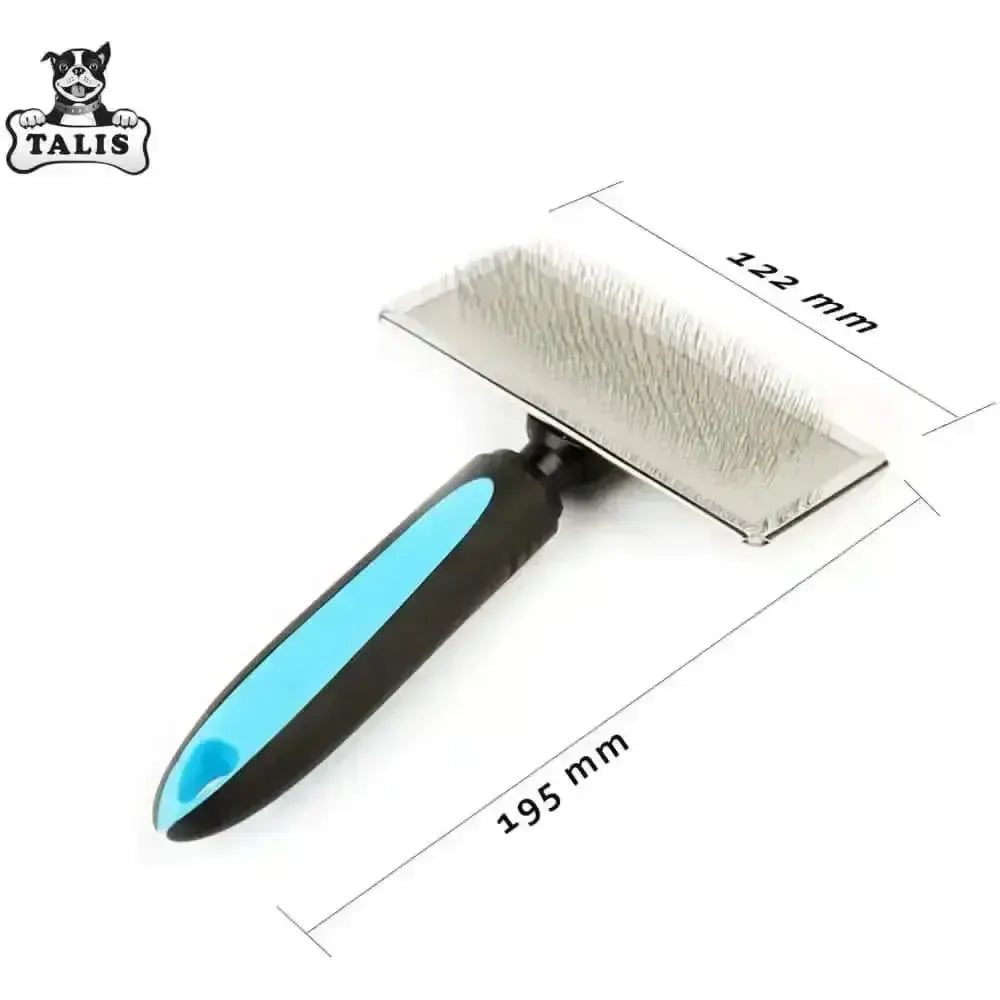 The Talis Us Pet Grooming Brush for Shedding, by Talis Us, features a blue and black comfortable grip handle. Displayed angled on white with the Talis logo in the top left, it measures 195mm x 122mm and is self-cleaning.