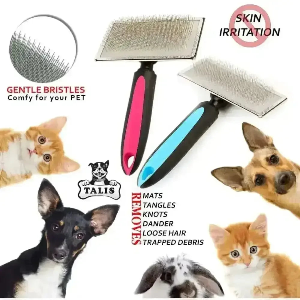 The Talis Us Pet Grooming Brush for Shedding by Talis Us, shown in pink and blue handles with cats, dogs, and a rabbit, removes mats, tangles, and loose hair without irritating your pet’s skin. Comfortable grip ensures easy grooming.