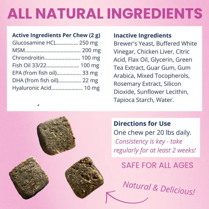 Three textured soft chews shown alongside detailed list of natural ingredients and daily usage instructions