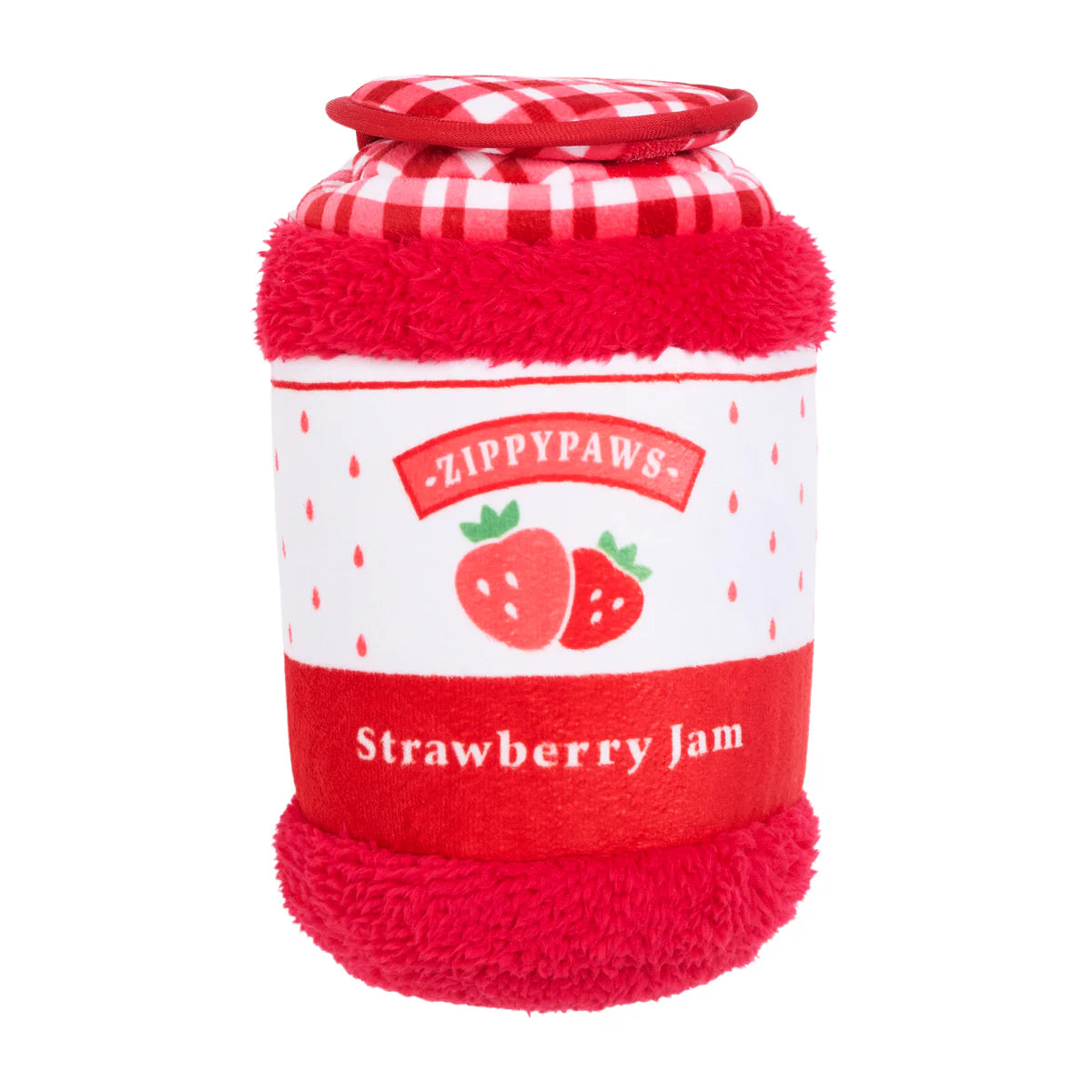Red and white plush strawberry jam jar dog toy with soft textured fabric and gingham-patterned lid detail