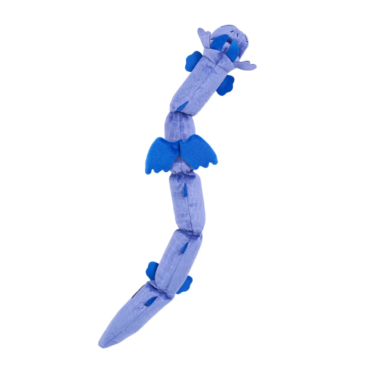 Long blue plush dragon dog toy with segmented body, soft fabric wings, and stitched facial details