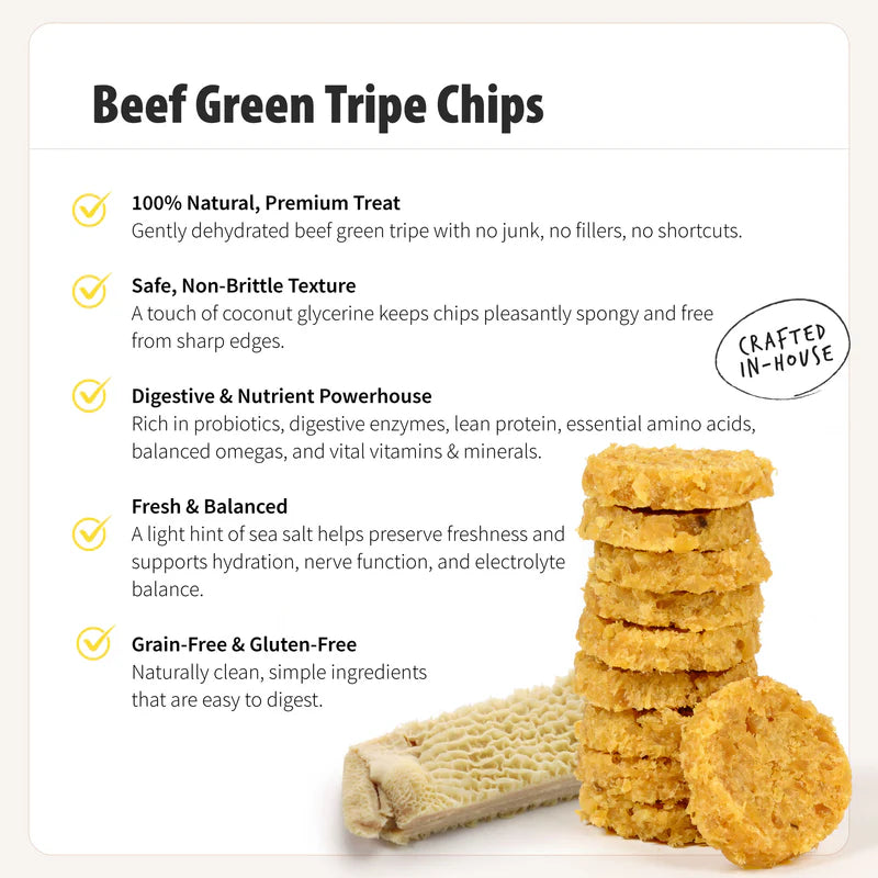 Stack of round golden beef green tripe dog treat chips with natural texture and raw tripe next to them