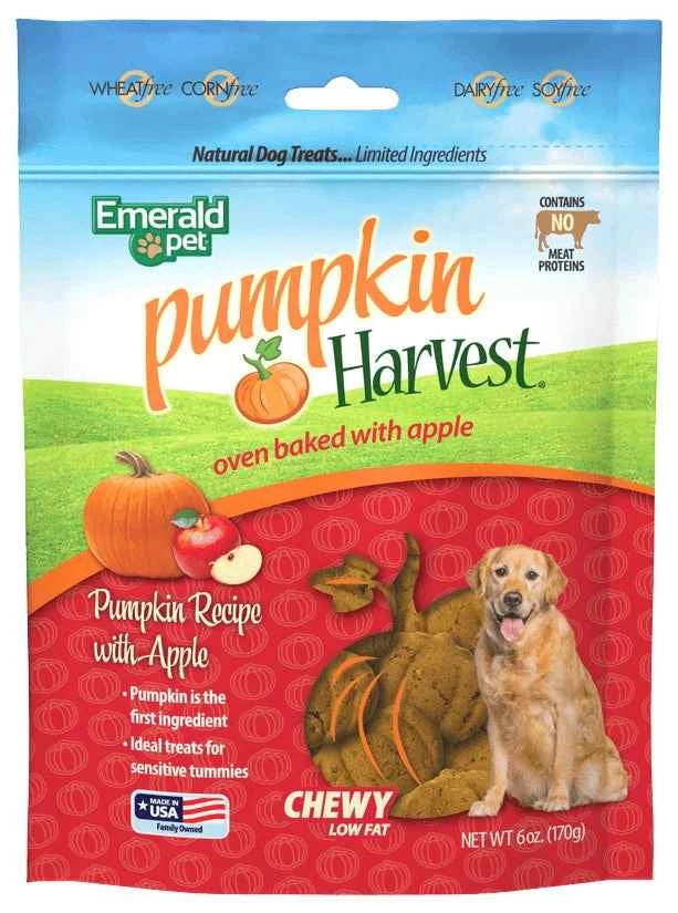 A 6-ounce bag of Emerald Pet Pumpkin Harvest oven-baked chewy dog treats with apple.