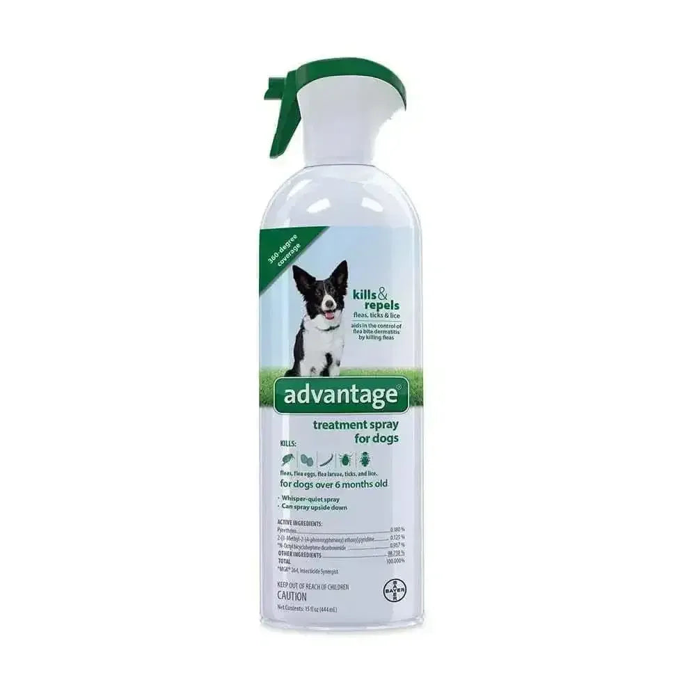 Advantage flea and tick spray for dogs in a 16 oz bottle, effective for dogs over six months old