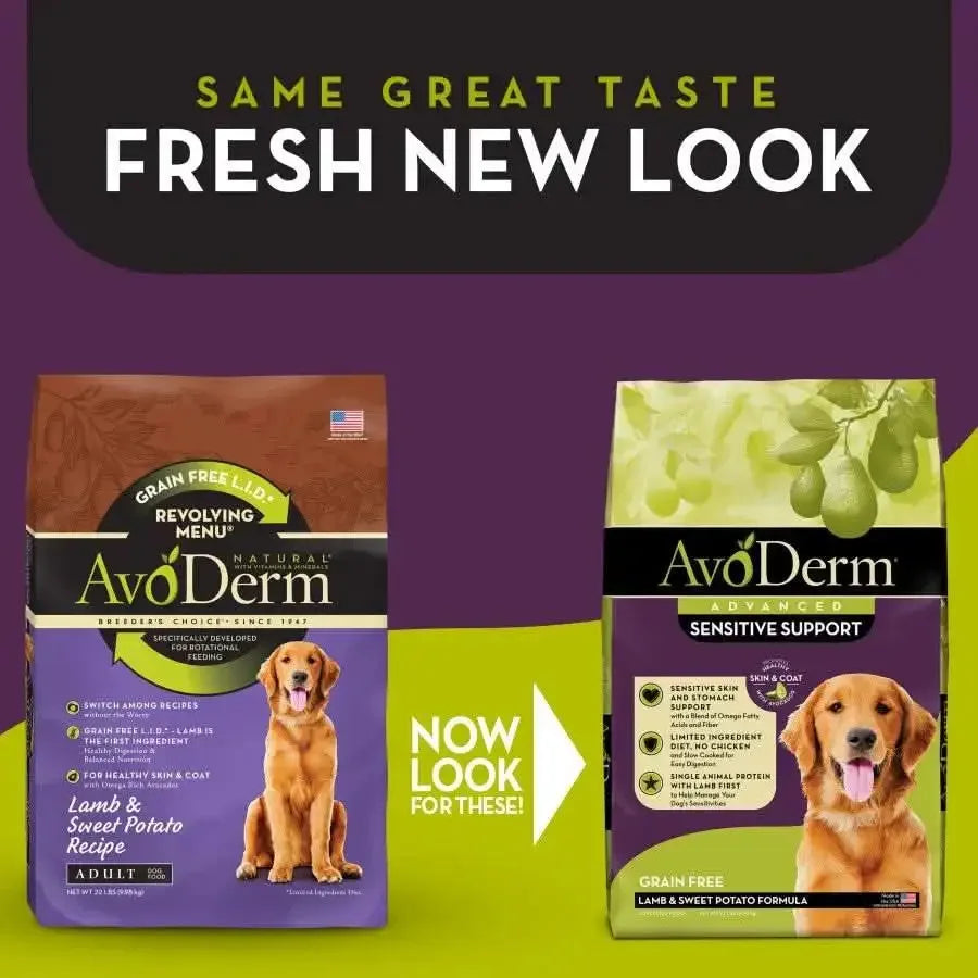 Two bags of AvoDerm dog food with a golden retriever. The green bag highlights grain free for sensitive stomachs; the purple is AvoDerm Grain Free LID Revolving Menu Lamb & Sweet Potato Dry Dog Food. Text: “Same Great Taste, Fresh New Look.”.