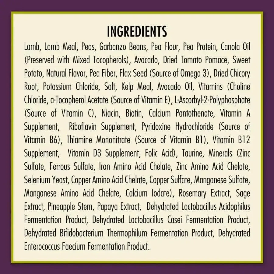 A rectangular label for AvoDerm Grain Free LID Revolving Menu Lamb & Sweet Potato Dry Dog Food lists meats, vegetables, oils, vitamins, minerals, amino acids, and probiotics in one long paragraph inside a purple border.