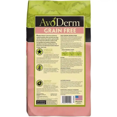 Back of an AvoDerm Grain Free Salmon with Tuna Meal Dry Cat Food bag, showing avocado cat food benefits, product info, feeding guide, ingredients, and nutrition facts on a green and pink background.