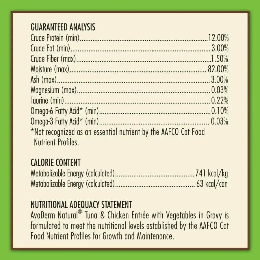 AvoDerm Grain Free Tuna & Chicken w/ Vegetables in Gravy Canned Cat Food (24/3oz) features protein, fat, fiber, moisture, ash, magnesium, taurine, omega-6 & omega-3 levels; calorie info; and an AAFCO adequacy statement on the label.