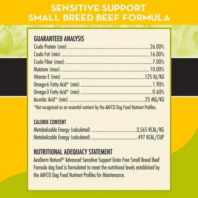 Yellow and green label for AvoDerm Natural Advanced Sensitive Support Small Breed Beef Formula Dry Dog Food, showing nutritional analysis, calorie content, and adequacy statement in black text on a white and yellow background.