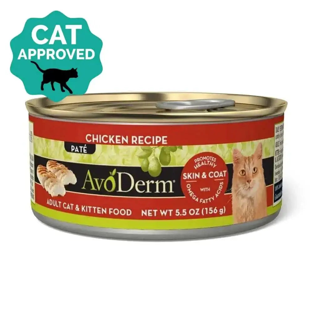 A can of AvoDerm Natural Chicken Formula Canned Cat Food 24ea/5.5oz, featuring a cat image, avocado illustration, and a Cat Approved badge in the top left corner.