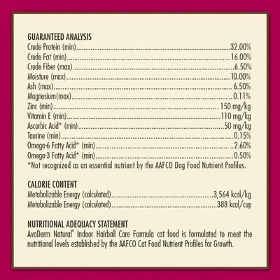 AvoDerm Natural Indoor Formula Adult Dry Cat Food label displays guaranteed analysis, calorie content, and nutritional adequacy statement for indoor cats to support healthy skin and coat, on a pink background.