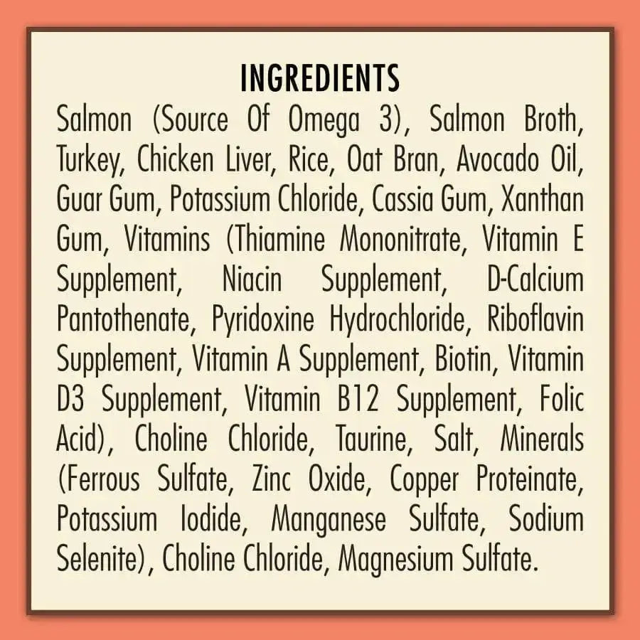 AvoDerm Natural Salmon Formula Wet Cat Food features salmon, turkey, chicken liver, rice, oat bran, oils, gums, vitamins, minerals and supplements—a premium meal from AvoDerm for your cat.