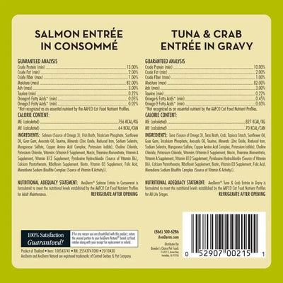 AvoDerm Natural Seafood Selects Grain Free Wet Canned Cat Food Variety Pack (12ct) label features ingredients, nutrition facts, calorie content, guaranteed analysis, feeding instructions, and a barcode at the bottom right.